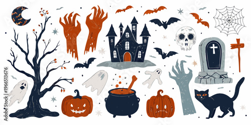 Spooky halloween illustration featuring ghosts bats a haunted house and more