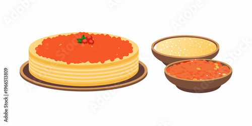 A colorful illustration of japanese mille crepe cake with side dishes