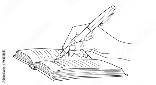 A hand holding a fountain pen writing in an open notebook