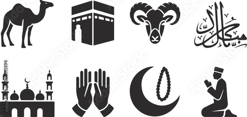 Comprehensive Eid and Hajj Icon Pack – Black Silhouette of Camel, Goat, Rosary, and Crescent Moon