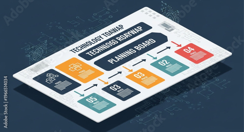 Technology roadmap planning board with steps and stages for business strategy.