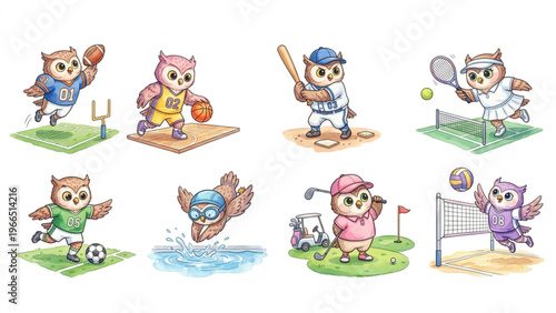  Set of funny cartoon cute Owl animals in playful sports vector style featuring smiling characters for kids toy illustration collection