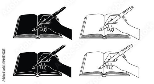 Hands writing in open books with fountain pens presented in four variations