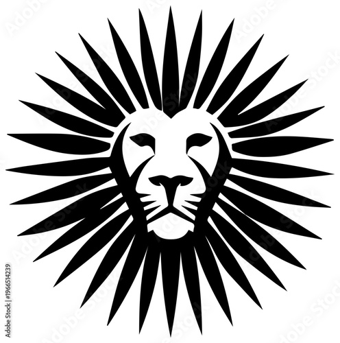 Geometric lion mane radiates as sunburst pattern symbolizing power and energy in a stylized black and white design