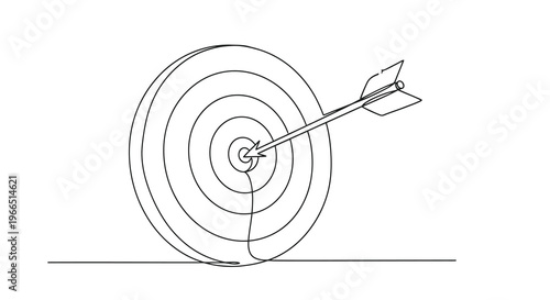A single dart hitting the bullseye of a circular target in a line drawing