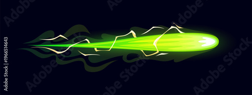 Laser blaster gun game effect of cartoon energy blast or fire beam, vector VFX icon. Raygun or laser gun plasma blaster game effect of green bullet blast of fireball shot with magic energy lightning