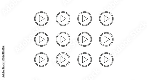 Arrangement of twelve circular play button icons in a grid pattern