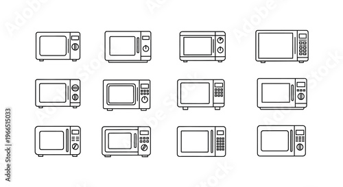 A collection of nine black and white microwave oven line icons arranged in a grid