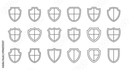 Collection of simple linear shield icons in varying designs