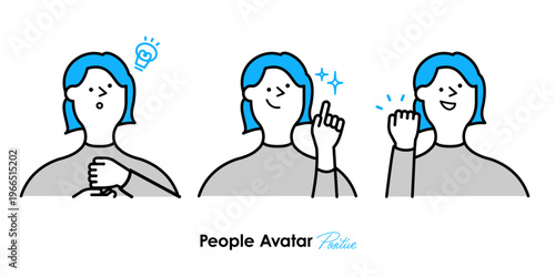 閃き・納得・歓迎の3種類のポジティブな表情を持つ青髪女性アバターの線画イラストセット