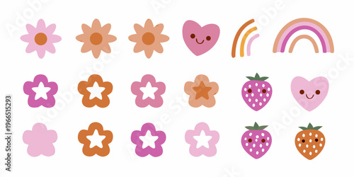 Cute floral and fruity illustrations with a rainbow on white background