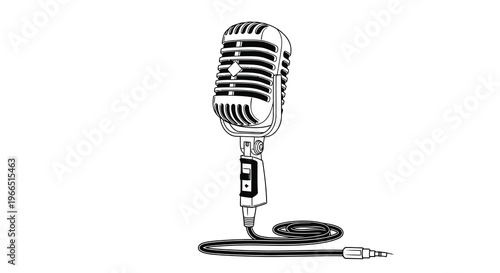 Vintage style microphone illustration with cable isolated on white background