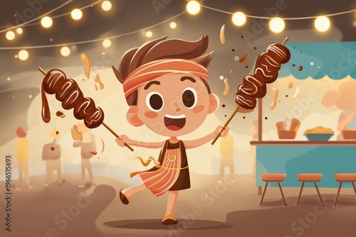 Cartoon boy holding skewers in festive kitchen scene