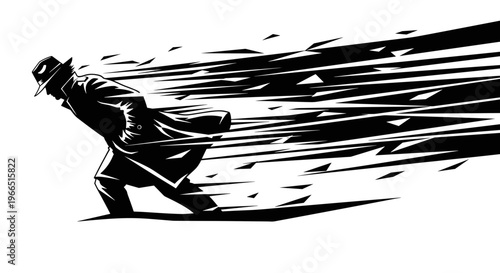 Silhouette of a man in a trench coat and hat leaning against strong wind blowing snow, depicted in a dynamic black and white illustration