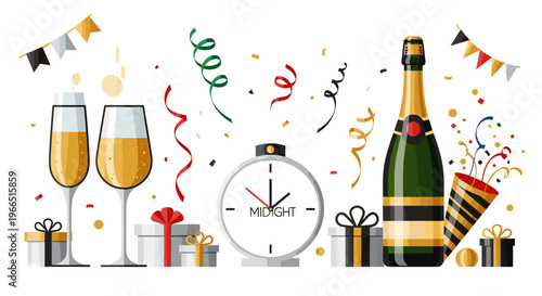 Festive New Years table decor with champagne bottle, glasses, and gifts amidst colorful confetti and streamers on a white background, year’s