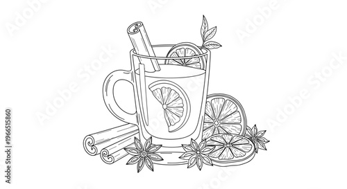 Illustration of a glass mug filled with mulled wine, adorned with citrus slices and surrounded by aromatic spices like cinnamon and star anise on a white background
