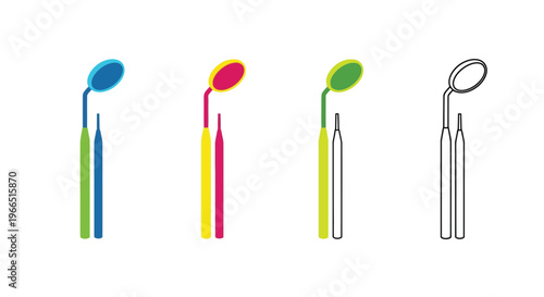 Four dental mirror illustrations with varying colors and styles