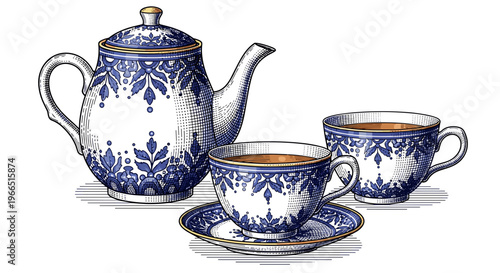 Elegant porcelain teacup set with intricate blue patterns, featuring a teapot and two cups on white background, showcasing classic fine china design
