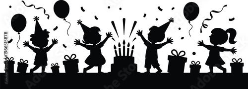 Silhouette of children celebrating a birthday with balloons and gifts