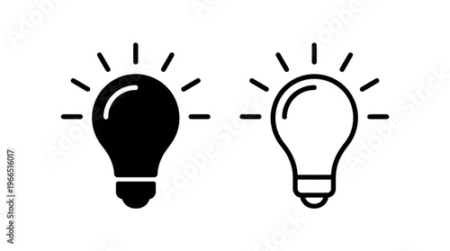 Minimalist light bulb icons, solid and outlined styles, with radiating rays, symbolizing ideas, creativity, innovation, inspiration, professional clarity.