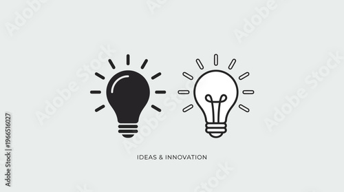 Minimalist light bulb icons, solid and outlined styles, with radiating rays, symbolizing ideas, creativity, innovation, inspiration, professional clarity.