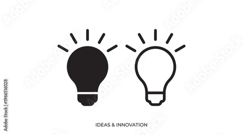 Minimalist black and outline light bulbs radiating rays, symbolizing creativity, ideas, and innovation, with bold text “IDEAS & INNOVATION.”