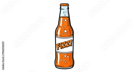 Illustration of a vibrant orange soda bottle with a bold label, featuring fizzy bubbles against a clean white background