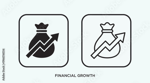 Minimalist money bag icons, solid and outlined styles, with upward arrows, symbolizing financial growth, profit increase, economic performance clarity.