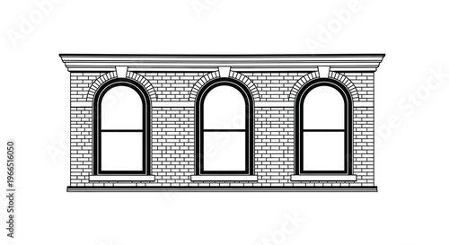 Black and white illustration of a brick facade with three arched windows
