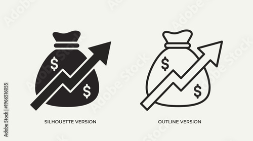 Minimalist money bag icons, solid and outlined styles, with upward arrows, symbolizing financial growth, profit, economic trends, professional clarity.