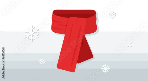Red wool scarf elegantly draped against a snowy backdrop with falling snowflakes, minimalist winter illustration