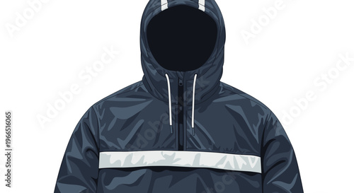 Dark blue windbreaker with a reflective stripe and hood, front view on white background, showcasing modern outdoor fashion design