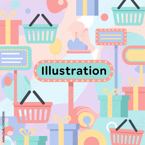 A colorful and playful illustration of a gift and shopping basket, conveying a sense of excitement and joy, perfect for marketing and advertising mate