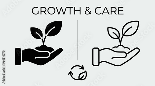 Minimalist hand‑holding plant icons with circular arrow, symbolizing growth, care, sustainability, ecology, environmental responsibility, professional clarity.