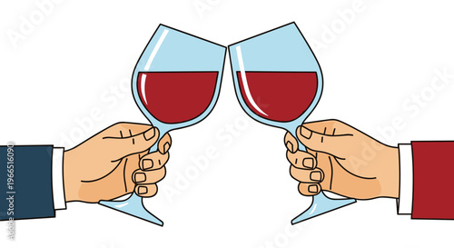 Illustration of a couple holding glasses of red wine in a celebratory toast, vibrant colors, minimalist style, white background