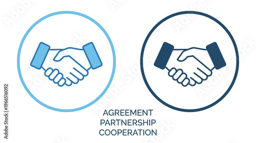 Minimalist handshake icons in dual circles, symbolizing agreement, partnership, cooperation, teamwork, unity, business collaboration, professional clarity.