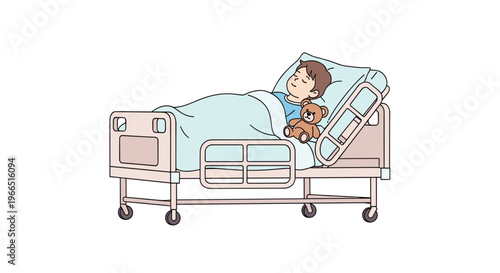 Illustration of a child peacefully sleeping in a hospital bed with a teddy bear, soft pastel colors, white background