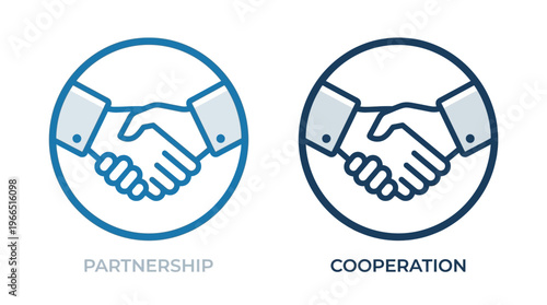 Minimalist handshake icons in dual circles, labeled partnership and cooperation, symbolizing unity, collaboration, teamwork, business agreement, professional clarity.