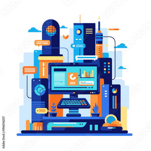 Vibrant, stylized graphic design elements in shades of blue, orange, and yellow on a white background, conveying creativity and modernity.