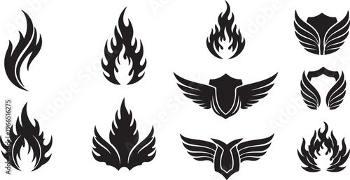 Collection of flame and wing logos and icons set