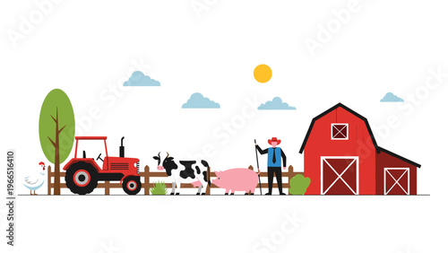 Rural landscape illustration of a farm featuring a red tractor, barn, farmer, and domestic animals like cow, pig, and chicken.