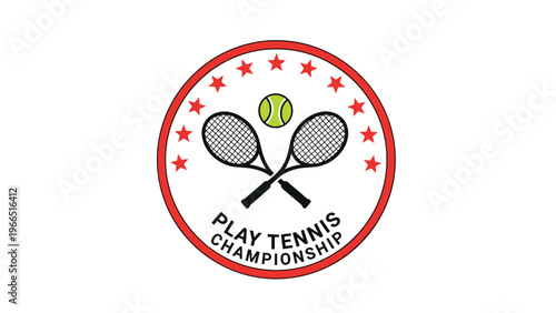 Tennis championship logo design featuring two crossed rackets and a ball surrounded by a circular frame with decorative stars.
