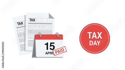 Financial concept for tax day featuring official forms, a calendar marked for April 15, and a red paid stamp icon for accounting.