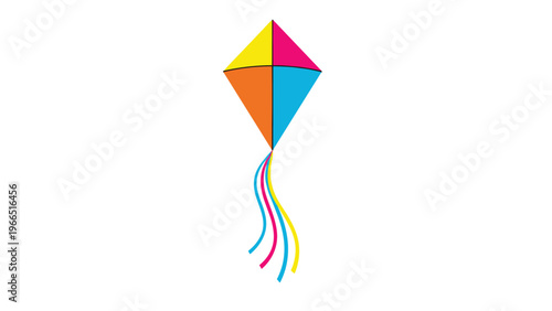 Brightly colored kite with a long flowing tail flying against a plain white background representing outdoor fun and childhood play.