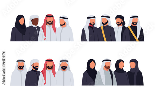 Portraits of diverse men and women from the Middle East wearing traditional clothing like thobes, hijabs, and keffiyehs.