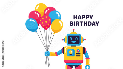 Cute yellow and blue robot holding a bunch of colorful balloons to celebrate a happy birthday in a fun cartoon illustration.
