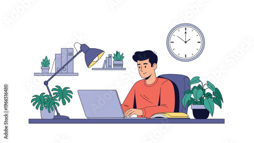 Productive man working on a laptop at his home office desk late at night with a lamp and clock showing the time in the background.