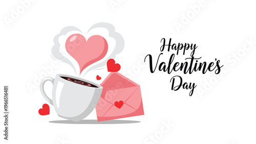 Romantic Valentine's Day scene with a coffee cup emitting heart-shaped steam and an open pink envelope with small red hearts.