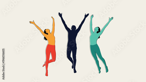 Silhouette illustration of three joyful people jumping with their arms raised high against a plain light beige background.