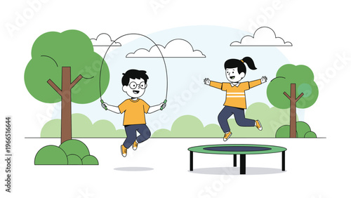 Two happy children playing outdoors in a green park with one boy skipping rope and a girl jumping on a small trampoline.